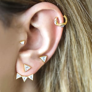 Gold Ear Jacket Earrings CZ Triangle Stud in 925 Sterling Silver Dainty Front Back Earrings Two-in-one Design Sister Gift Bridesmaid Gift