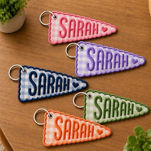 Personalized Embroidered Gingham Name Bag Charm, Custom Backpack Tag, Preppy Name Keychain, Teacher Gift, School Bag Accessory