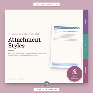 May include: A digital download document titled Attachment Styles: How Early Relationships Shape How We Love. The printable PDF includes four pages of educational content, featuring text about attachment theory, relationship patterns, and stress responses.