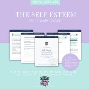 Może przedstawiać: Cyfrowy plik do pobrania zatytułowany The Self-Esteem Practitioner Toolkit, zawierający wiele stron dokumentu z tekstem, nagłówkami i logo mózgu siedzącego na krześle. Fioletowa okrągła odznaka wymienia 52 strony, 10 modeli interwencji i praktykę opartą na dowodach.