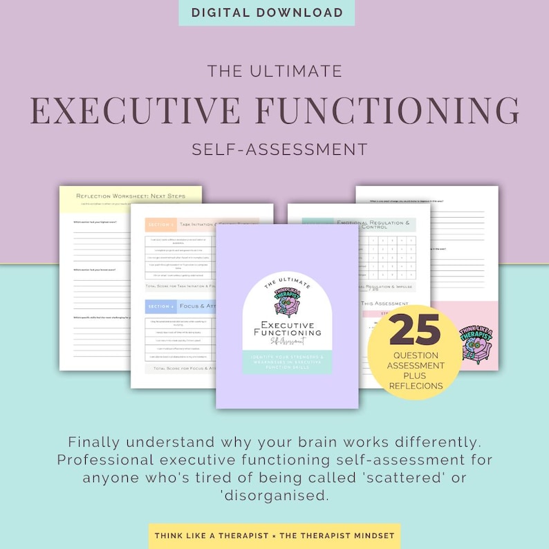 以下が含まれることがあります： エグゼクティブ機能の自己評価を特徴とするデジタルダウンロード。画像には、「The Ultimate Executive Functioning Self-Assessment」というテキストの小冊子とワークシートが含まれています。また、「25 Question Assessment Plus Reflections」というテキストも含まれています。