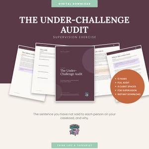 May include: A digital download titled The Under-Challenge Audit Supervision Exercise, featuring five pages of text on white paper with dark purple headers. An orange circle highlights features including 5 pages, full audit, 4 client spaces, and instant download.