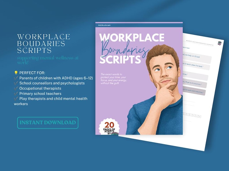 Pu&ograve; includere: Un documento digitale intitolato Workplace Boundaries Scripts con una copertina color viola chiaro che presenta l'illustrazione di una persona con i capelli castani che si tocca il mento. Include 20 pagine di script e pagine di testo.
