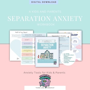 Puede incluir: Un cuaderno de trabajo digital titulado "Ansiedad por separación" para niños y padres. La portada presenta una ilustración de una escuela y el texto "Un cuaderno de trabajo interactivo". Páginas adicionales incluyen consejos para dormir.