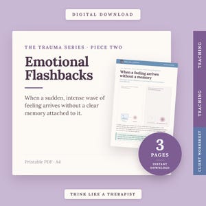 May include: A digital download printable PDF titled The Trauma Series Piece Two Emotional Flashbacks. The document explains feelings without memories, featuring a three-page layout, a client worksheet, and teaching materials on a light purple background.