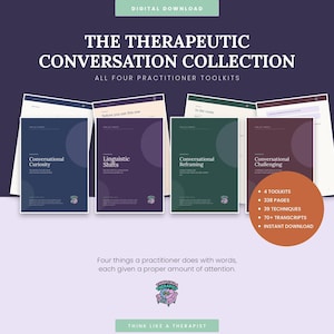 May include: A digital download collection titled The Therapeutic Conversation Collection, featuring four practitioner toolkits: Conversational Curiosity, Linguistic Shifts, Conversational Reframing, and Conversational Challenging. Includes 338 pages, 39 techniques, and 70+ transcripts.