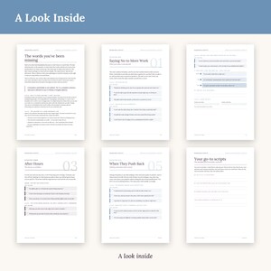 Pu&ograve; includere: Sei pagine di una guida stampata intitolata A Look Inside, con testo strutturato, sezioni numerate e righe da compilare. Le pagine contengono intestazioni come The words you've been missing, Saying No to More Work, After Hours e Your go-to scripts.