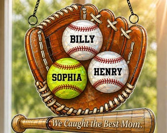 We Caught The Best Mom Suncatcher, Personalized Baseball Softball Mom Gift, Custom Kids Names Window Hanging, Mothers Day Gift