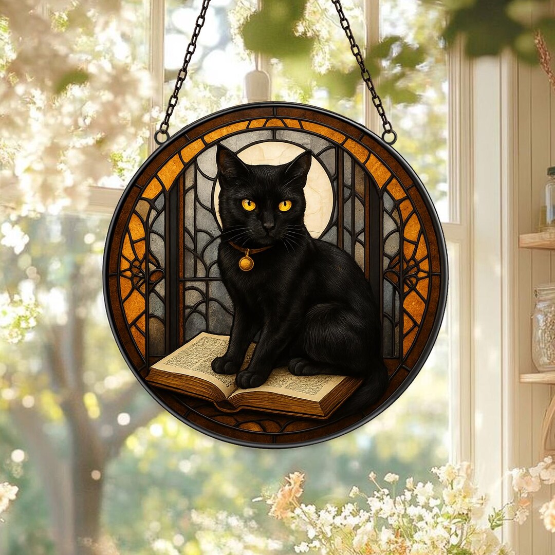 Gothic Black Cat Suncatcher, Stained Glass Window Hanging Decoration ...
