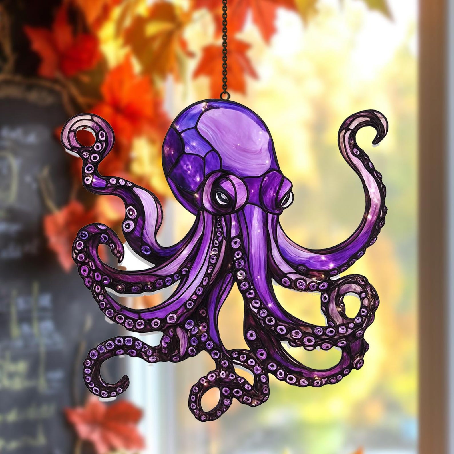 Colorful Stained Acrylic Octopus Window Hanging, Handmade Ocean Animal ...