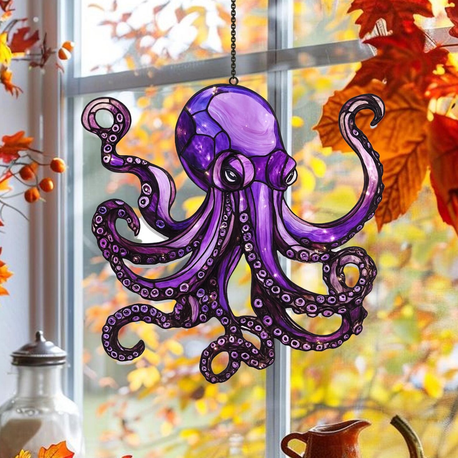 Colorful Stained Acrylic Octopus Window Hanging, Handmade Ocean Animal ...