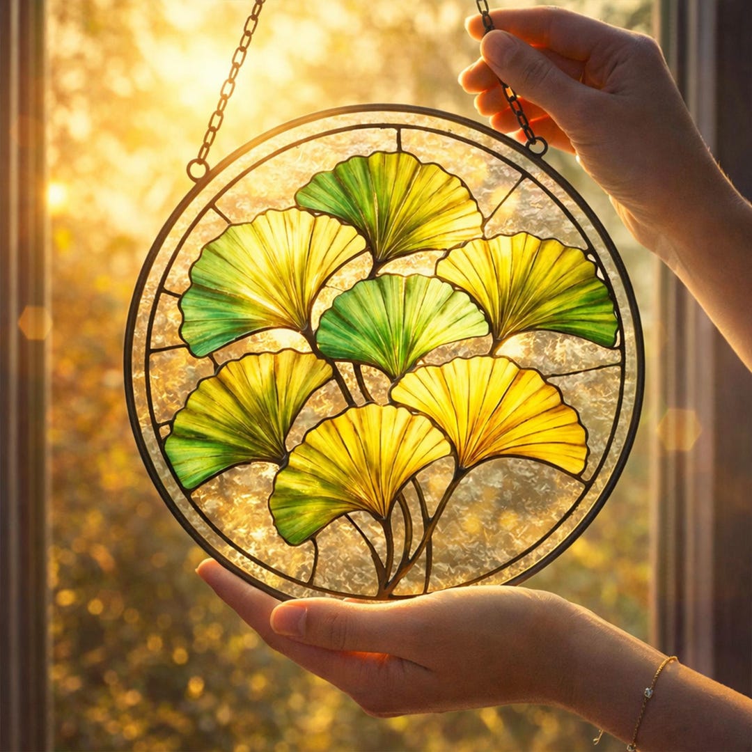 Gingko Window Round Ginkgo Leaf Stained Glass Suncatcher, Ginkgo Window Hanging Decor ...