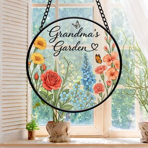 Custom Family Birth Flowers Glass Suncatcher,Flower Glass  Gift, Grandma&#39;s Garden Decor, Flower Glass Art, Botanical Art, Nana&#39;s Blessings