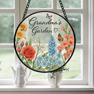 Custom Family Birth Flowers Glass Suncatcher, Mother&#39;s Day Gift, Grandma&#39;s Garden Decor, Flower Glass Art, Botanical Art, Nana&#39;s Blessings