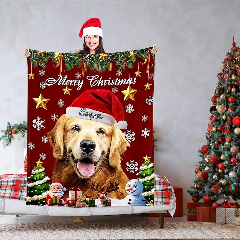 Personalized Pet Christmas Blanket, Custom Dog Photo Name Blanket ...