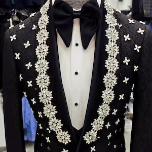Black 3-Piece Tuxedo With Crystal Embellishments, Handmade Mens Suit, Wedding Tuxedo, Prom Men’s Suit , Groom Suit, Custom Made Men’s Tuxedo