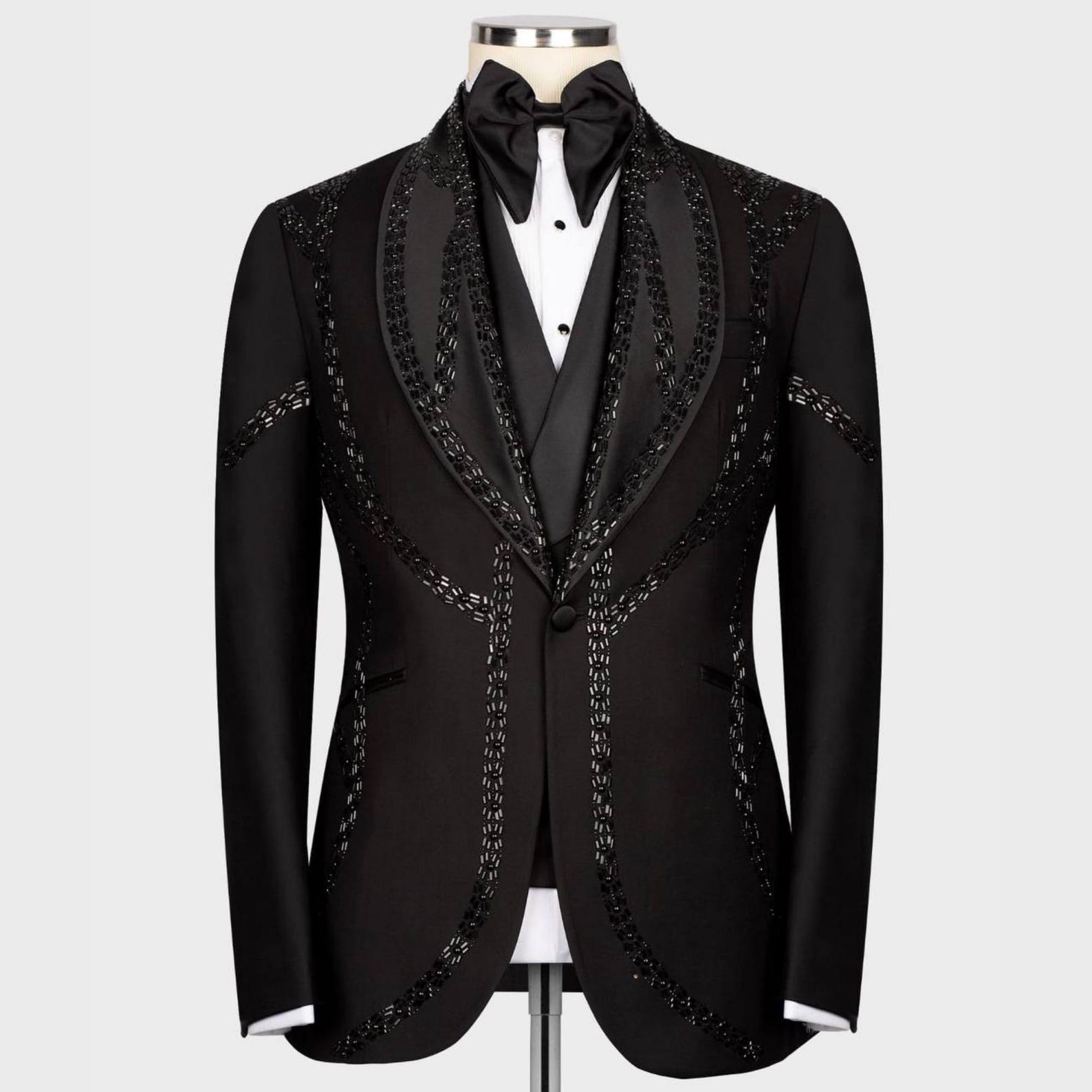 Men's Black Tuxedo, Silver Gem Stoned on Collar