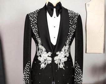 Esmoquin negro exclusivo para hombre, traje de novio para boda, esmoquin de 3 piezas para hombre, esmoquin con adornos de joyería, traje de fiesta para hombre, traje de graduación para hombre