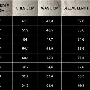 May include: Size chart for clothing with measurements in inches and kilograms. The chart shows the corresponding US and EU sizes, rear middle size in centimeters, chest size in centimeters, waist size in centimeters, sleeve length in centimeters, and weight range in kilograms.