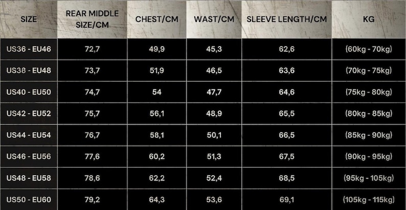 May include: Size chart for clothing with measurements in inches and kilograms. The chart shows the corresponding US and EU sizes, rear middle size in centimeters, chest size in centimeters, waist size in centimeters, sleeve length in centimeters, and weight range in kilograms.