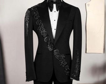 3 Piece Black Men’s Tuxedo With Crystal Embroidered, Wedding Men’s Tuxedo Suit, Men’s Tuxedo Set, Party Suit For Men, Prom Men Tuxedo, Groom