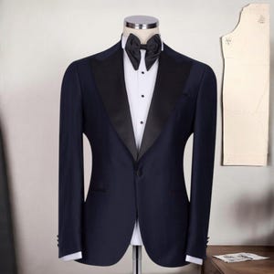 Wedding Men’s Navy Blue Tuxedo, Mens Wedding Suits, Slim Fit Tuxedo Suit, Satin Collar Groom Tuxedo Set, Groomsmen Suits, Wedding Gifts