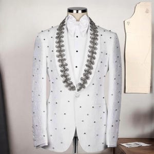 White Men’s Tuxedo Crystal Embroidered 3 Piece, Wedding Men’s Tuxedo Suit, Men’s Tuxedo Set, Party Suit For Men, Prom Graduation Suits