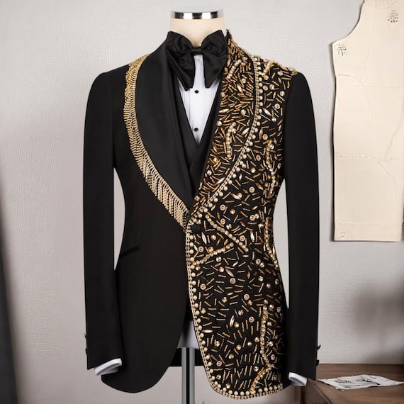 Gold Custom Prom Suits Custom Design Tuxedo With Gold