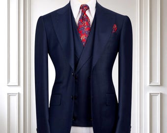 Three Piece Navy Blue Men’s Suit, Wedding Suit, Wool Blend Classic Men’s Suit, Peak Lapel Men’s Suit, Prom Suits, Groomsmen Suits