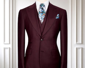 バーガンディウールメンズスーツ：スリムフィット、ピークドラペル、3