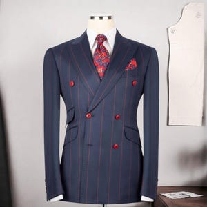 Striped Double Breasted Men’s Suit, Navy Blue Men’s Suit, Wool Blend Suits, Formal Men’s Wear, Special Event Suit, Wedding Suit for Men