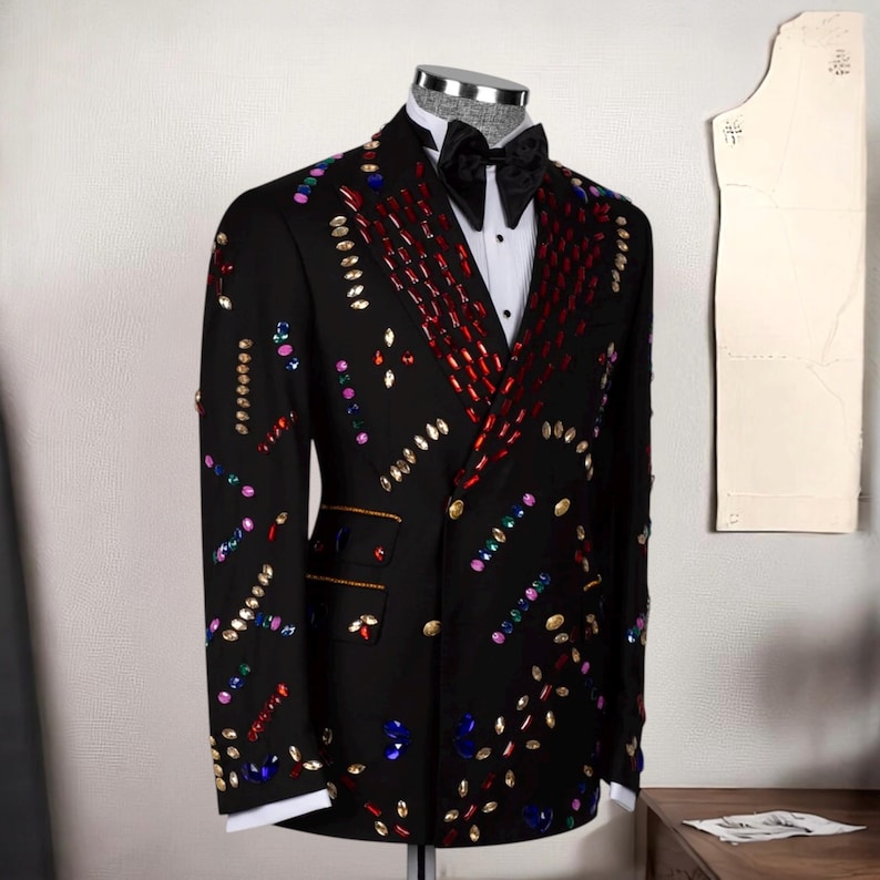 Handmade Crystal Stone Embellished Men’s Tuxedo, Custom Wedding Suit, Luxury Designer Tuxedo, Prom Suit, Colorful Men’s Suit, Groomsmen Suit image 2