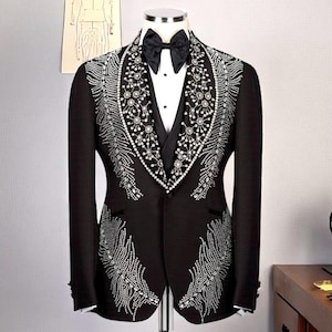 Black 3-Piece Tuxedo With Rhinestone Embellishments, Handmade Mens Suit, Wedding Tuxedo, Prom Men’s Suit , Groom Suit, Custom Made Tuxedo