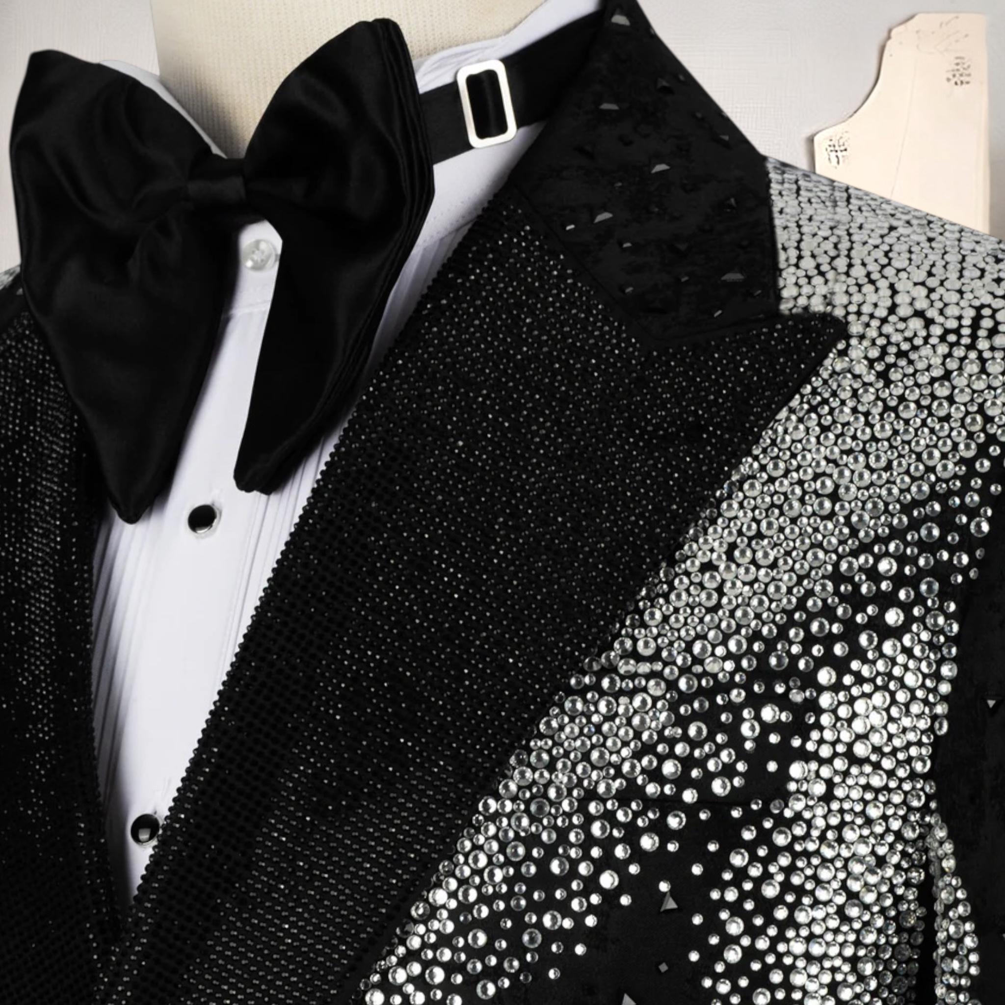 Prom Black Tuxedo Suit With Silver Stone Embroidered, Men Double Breasted Custom Design Tuxedo, Wedding Groom Suit, Men's Party Suit