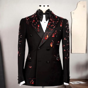 Red Stone Embellished Black Tuxedo: Double Breasted Wool Suit