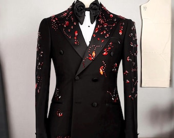 Red Stone Embellished Black Tuxedo: Double Breasted Wool Suit
