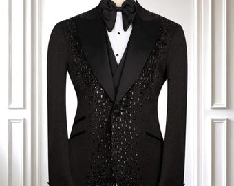 Exclusive Black Men’s Tuxedo, Wedding Tuxedo Set, Jewelry Ornament Men’s Tuxedo, , Party Suit For Men, Prom Men Suit, Embroidered, Groomsmen