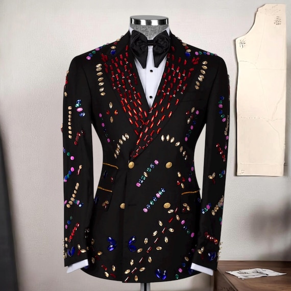 Handmade Crystal Stone Embellished Men’s Tuxedo, Custom Wedding Suit, Luxury Designer Tuxedo, Prom Suit, Colorful Men’s Suit, Groomsmen Suit