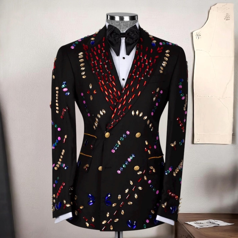 Handmade Crystal Stone Embellished Men’s Tuxedo, Custom Wedding Suit, Luxury Designer Tuxedo, Prom Suit, Colorful Men’s Suit, Groomsmen Suit image 1