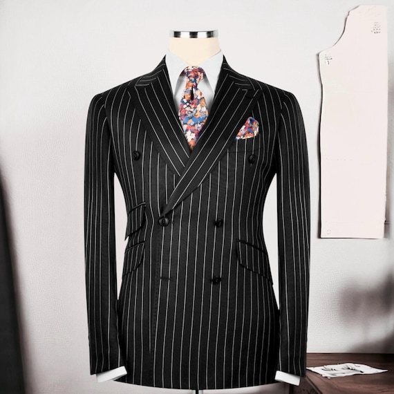 Double Breasted Men's Suit, Striped Black Men's Suit, Wool Blend