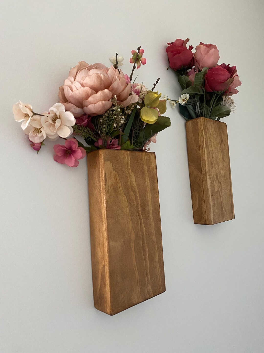 Set of 2 Wood Wall Pocket Vase / Wall Flower Holder / Flower Vase Wall