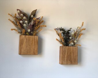 set of 2 square wood wall pocket vase / greenery holder / faux flower vase wood square pocket / wood wall vase / pocket vase / wall flower