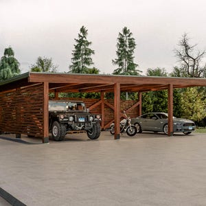 May include: A wooden carport with a slatted wood wall, providing shelter for a black SUV, a gray sedan, and a motorcycle. The carport is situated on a paved driveway.