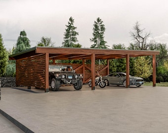 May include: A wooden carport with a slatted wood wall, providing shelter for a black SUV, a gray sedan, and a motorcycle. The carport is situated on a paved driveway.