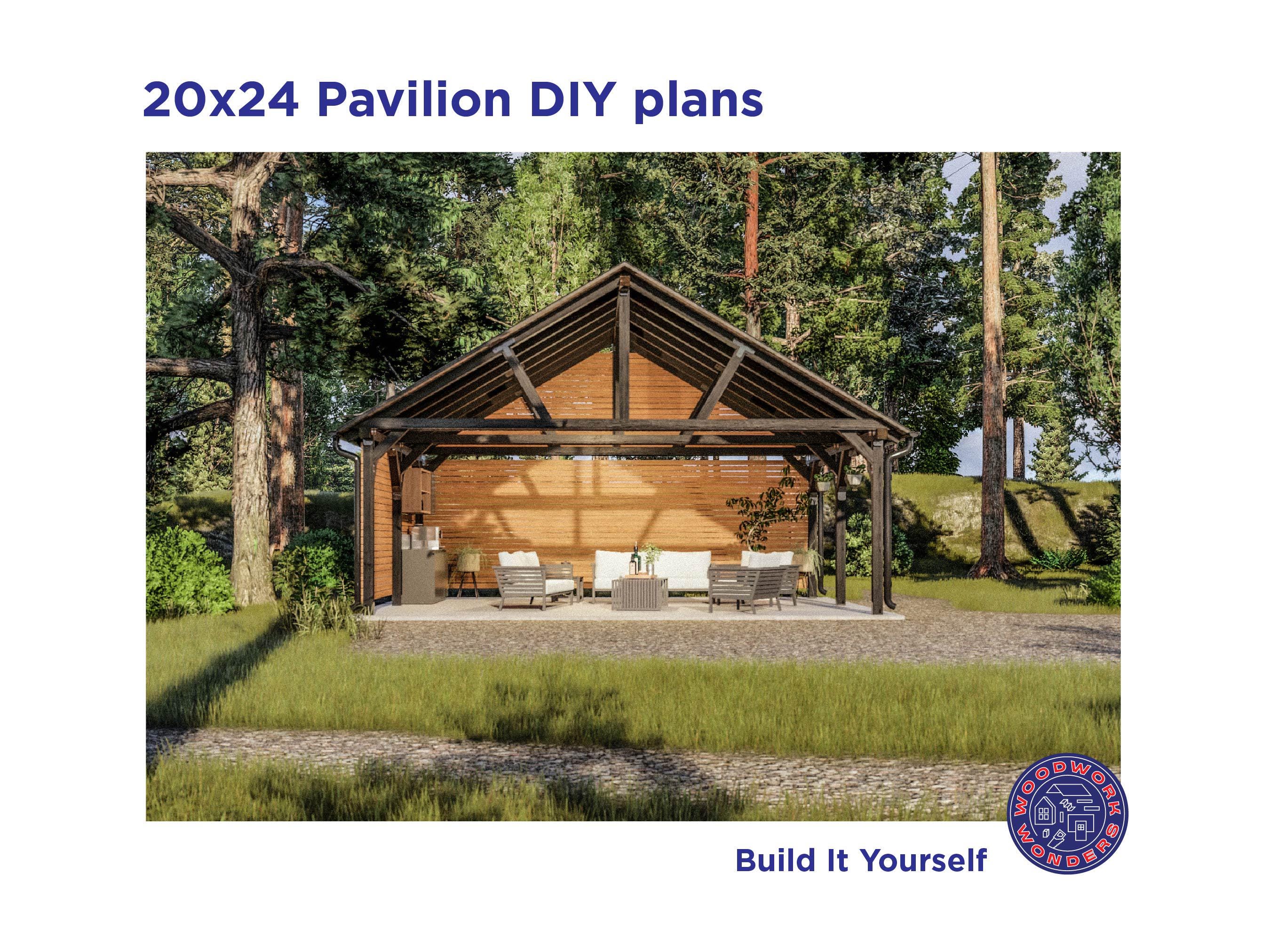 20x24 Wood Pavilion DIY Plans: Gable Roof Blueprint With Material & Cut ...