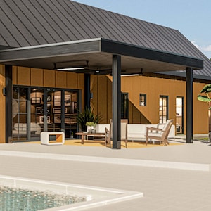 May include: Exterior view of a modern home with a covered patio. The patio features a seating area with a white sofa, wooden chairs, and a coffee table. The building has a dark roof and mustard-colored siding.