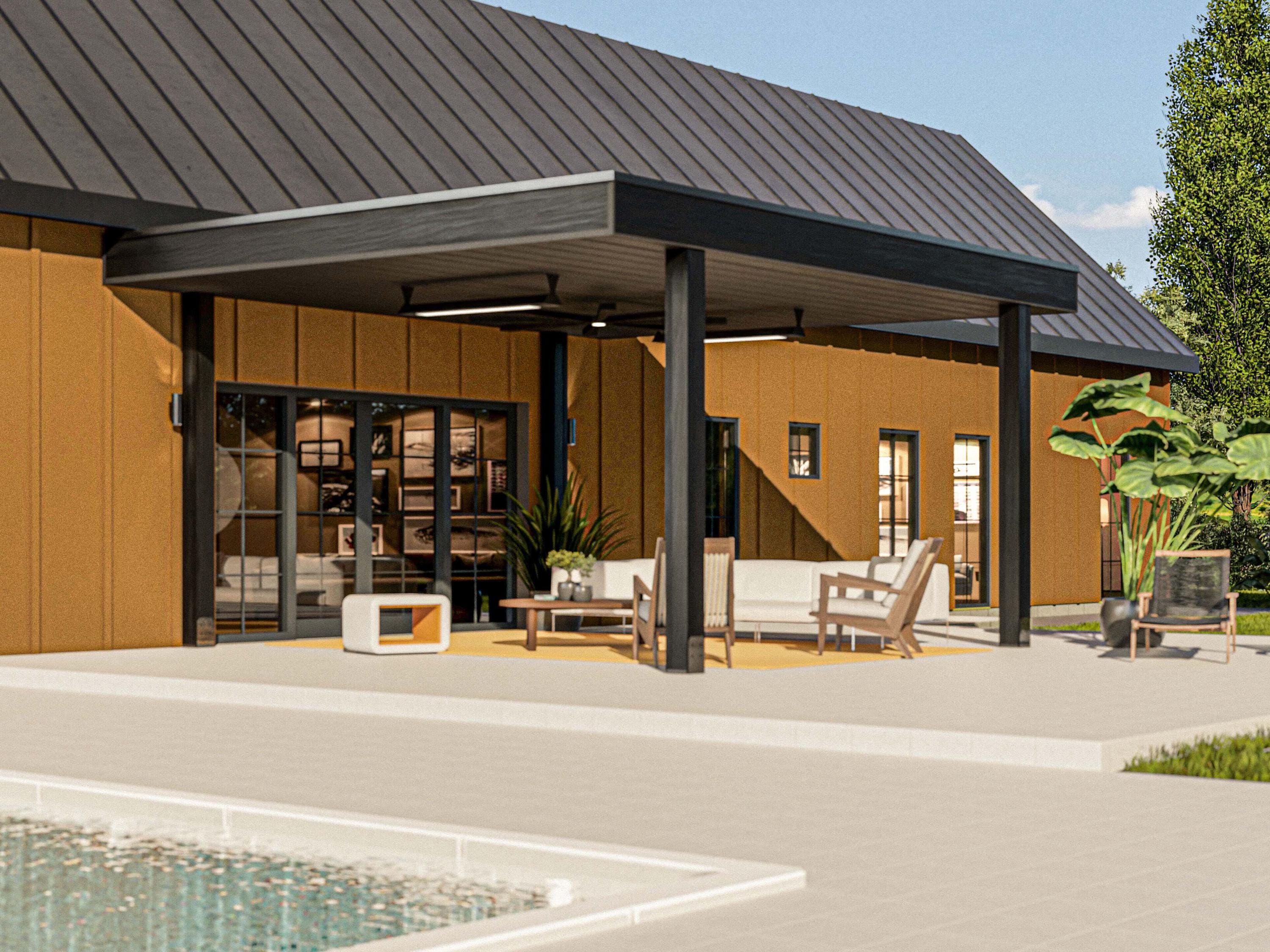Patio Cover Plans – Modern Pool Pavilion With Flat Roof, Step by Step ...