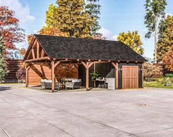 May include: A wooden outdoor structure with a black shingled roof. The structure has a covered patio area with seating and a separate enclosed space with a wooden door. The exterior is stained in a dark brown color.
