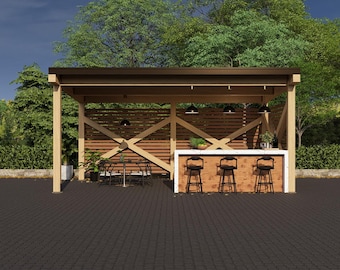 Modern Patio Pavilion Plans 22x14 – Flat Roof Outdoor Kitchen, Timber Frame DIY Blueprints