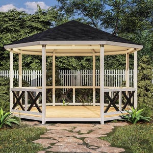 May include: An octagonal white wooden gazebo with a black roof. The structure features decorative X-shaped supports and is set in a garden with a stone path and white picket fence. The gazebo is a garden feature.